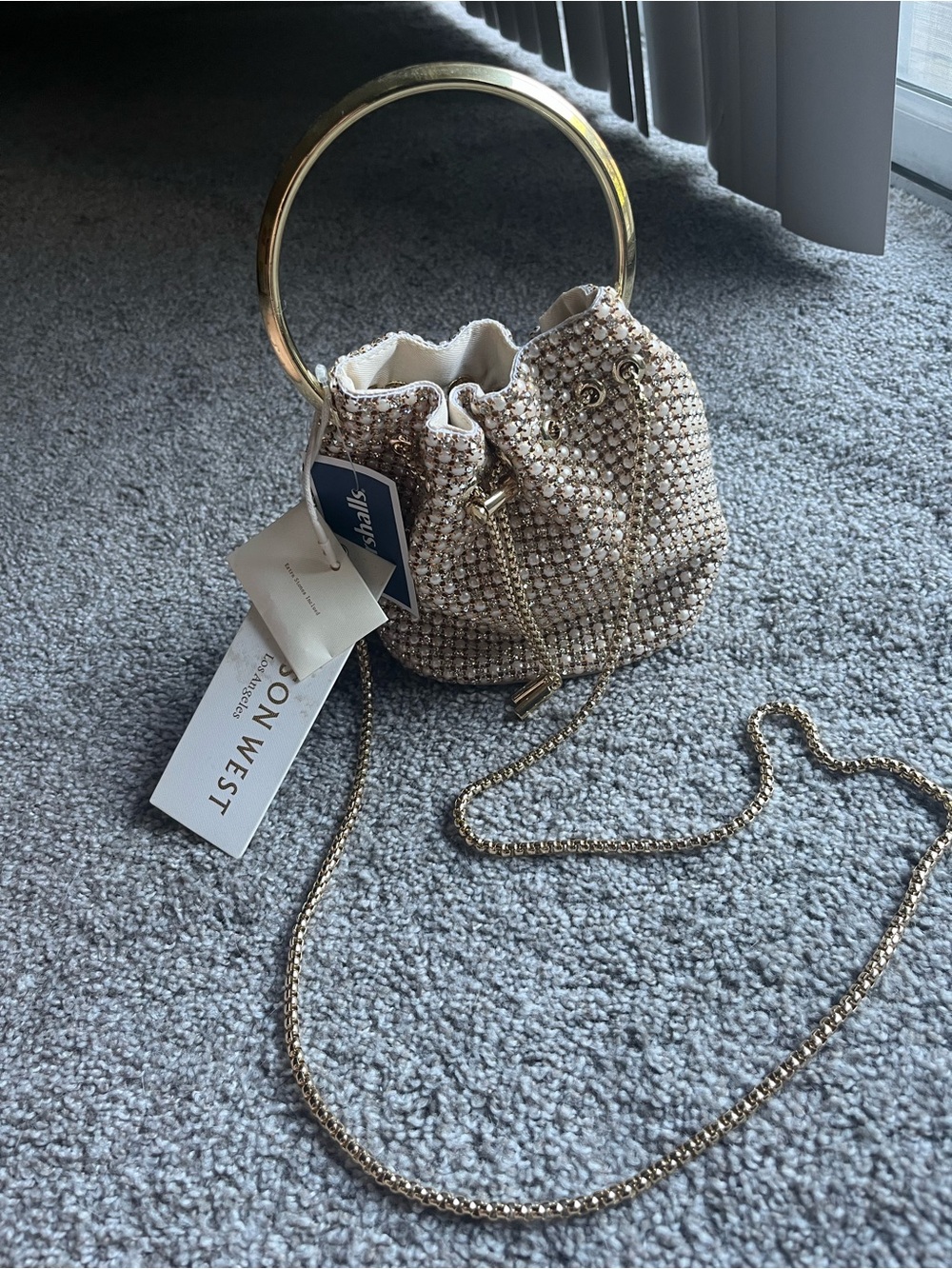 Gold Beaded Ring-Handle Bucket Bag by Madison West